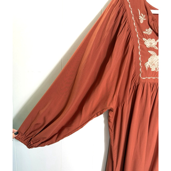 RusttyDustty Embroidered Boho Babydoll Dress Size 1X Burnt Orange Cottage New - Picture 8 of 12